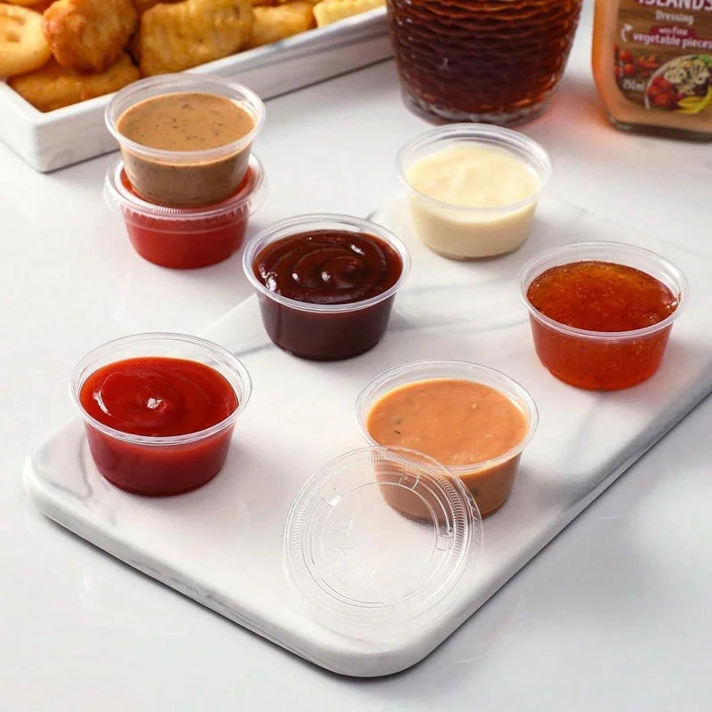 50/100pcs  2oz Portion Cups With Lids Disposable Plastic Sauce Container Box Salad Dressing Seasoning Mini Kitchen Organizer