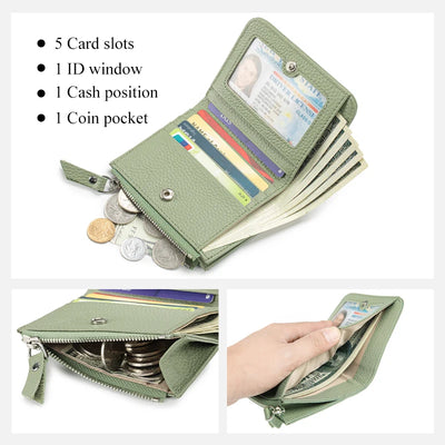 Women Genuine Leather Slim Short Wallet RFID Blocking Bi-Fold Wallet Credit Card Holder money clip wallet Zipper Coin pocket - Smarsty