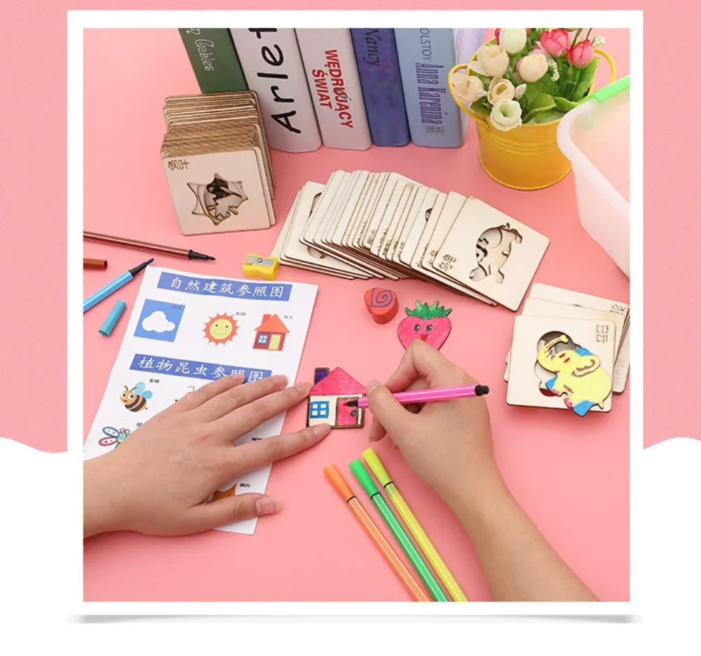 Kids Drawing Toys Montessori DIY Painting Stencils Template Wooden Craft Puzzle Educational Toys for Boys Girls Birthday Gift by Smarsty