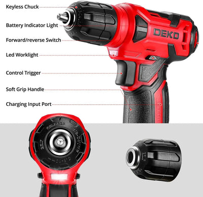 DEKO Drill Set Tool Set with 8V Red Cordless Drill, Home Tool Kit with Drill, Hand Tool Kits for Women 126 Piece