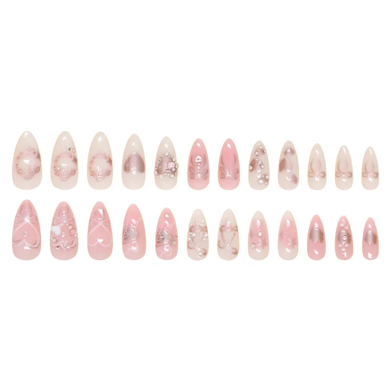24 Piece Pink Almond Fake Nail Set With Bowknot Design - Smarsty