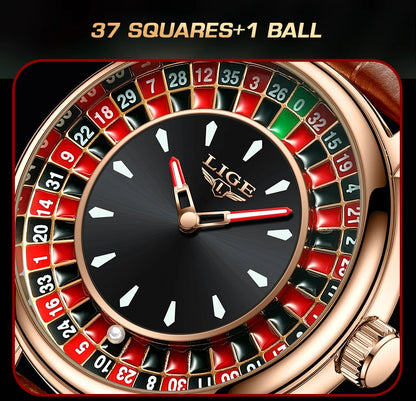 LIGE Waterproof Brown Leather Men's Roulette Watch - Smarsty