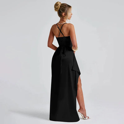 Ladies Summer Satin Fashion Evening Party Dress Women Sleeveless Backless Side Slit Long Dress Birthday Clubwear Woman Clothes - Smarsty