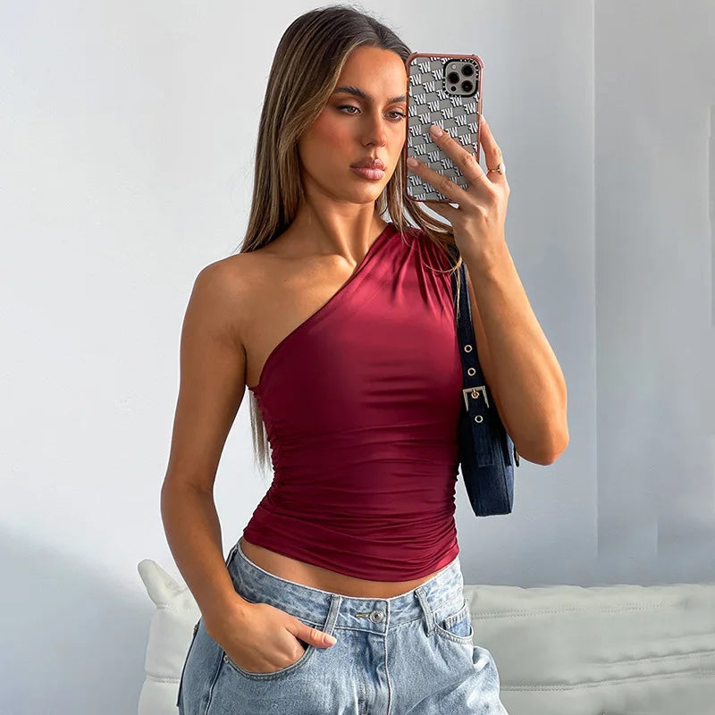 Solid Color One Shoulder Backless Shrink Tank Top T-Shirt Candy Color Tight Sexy Sleeveless Neckless Slim Casaul Top