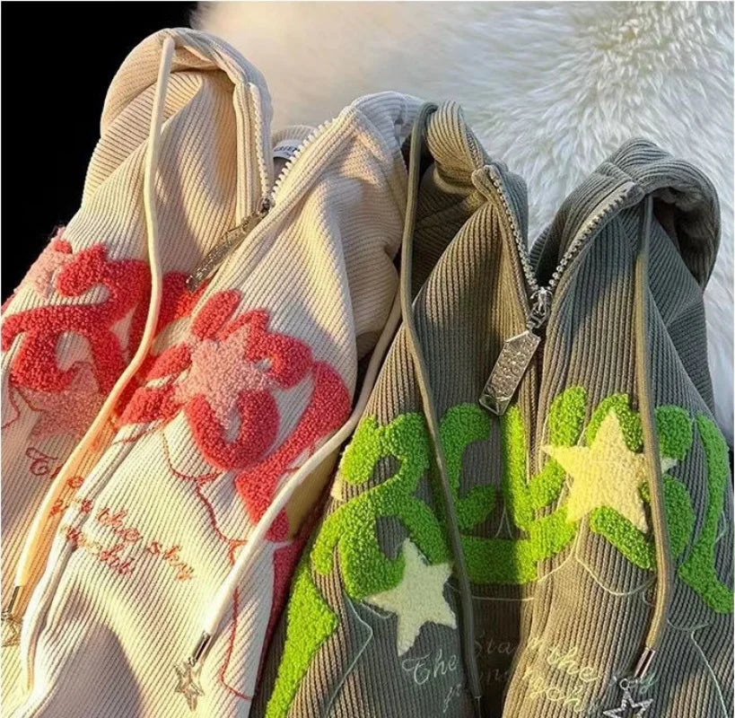 Autumn Long Sleeve Hooded Tops Fashion Zipper Embroidery Y2K Harajuku Streetwear Hoodies Jackrts Women Loose New Sweatshirts