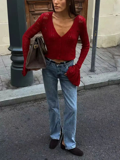 TARUXY Hollow Knitted Cardigan Women's Solid Long Sleeve V Neck Short Sweater Top Summer 2025 New Female Crochet Casual Outwear