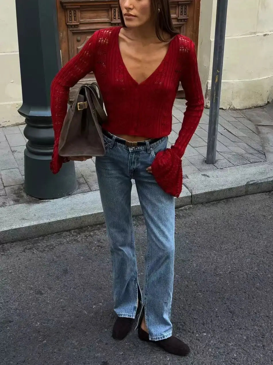 TARUXY Hollow Knitted Cardigan Women's Solid Long Sleeve V Neck Short Sweater Top Summer 2025 New Female Crochet Casual Outwear