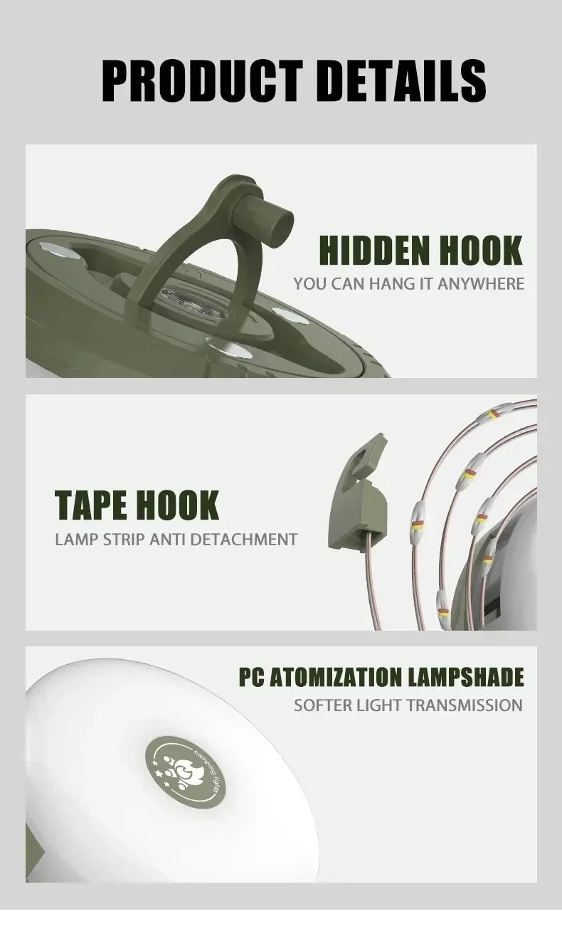 Camping String Lights,33Ft Light with Lanterns (2 in 1 Design),Camping Lights 2000mAh,IPX6 Waterproof,Rechargeable Flashlights by Smarsty