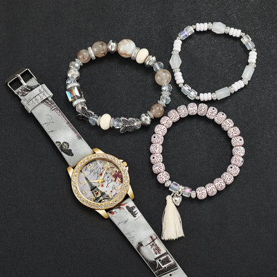 Fashion Rhinestone Women's Quartz Watch Set with Floral Design - Smarsty