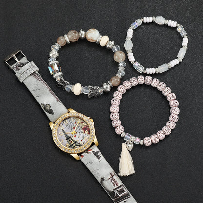Fashion Rhinestone Women's Quartz Watch Set with Floral Design - Smarsty