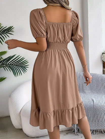 Women's MIidi Dresses 2024 Summer Casual Square Neck Short Sleeved Waist Ruffle Edge Dress Dress Women Elegant Платья Женские - Smarsty