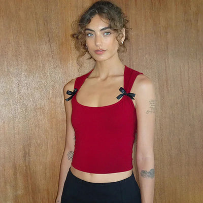 Y2K Women'S Bow Tie-Up Tank Tops Wide Shoulder Straps Bandage Camisole Sexy Low Cut Crop Tops Female Vest Tops - Smarsty