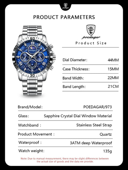 POEDAGAR Luxury Waterproof Quartz Sports Watch for Men - Smarsty