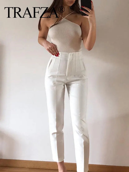 TRAFZA Women Elegant Solid Pencil Pants High Waist Pant For Women Casual Streetwear Woman Trousers Office Wear Chic Pant - Smarsty