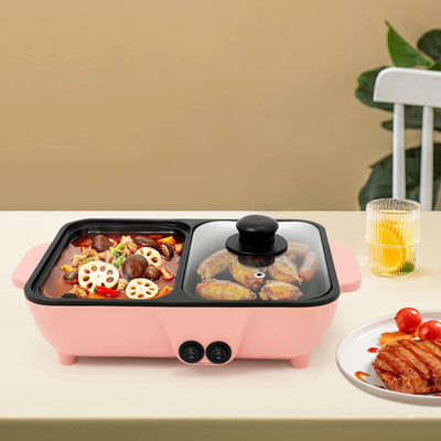 2-in-1 Electric Hot Pot with Griddle Tabletop Non-stick Pan Vegetable Grill Cooker BBQ Shabu Pot Household Noodles Cooking Pot