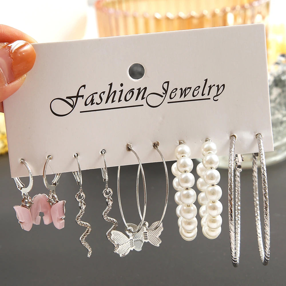 Silver Pearl Hoop Earrings Set For Women Ladies Y2K Style - Smarsty