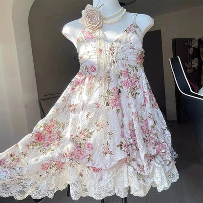 2000s Gothic Vintage Mini Dress Women Sleeveless Strap Party Dress Evening Lace Retro Cltohing Japanese Y2k Black Chic Lolita - Smarsty
