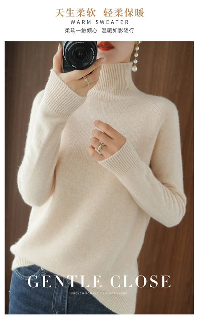 Fashion Basic Autumn Winter  Merino Wool Sweater Mock Neck Cashmere Pullover  Solid Color Soft Long Sleeve Clothing Tops - Smarsty