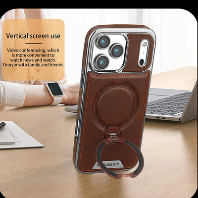 Magnetic Rotat Bracket Luxury Leather Phone Case For iPhone 11 12 13 14 15 16 17 Pro Max Plus Wireless Charging Shockproof Cover
