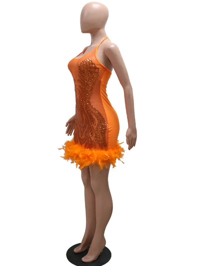 Beyprern Beautiful Mesh Sequin Feather Glam Dress Luxury Woman Party Dress Glitter Sleeveless Night Out Dresses Birthday Outfits - Smarsty