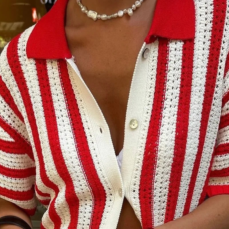Striped Lapel Cardigan Women's Spring Summer 2025 New Button Knitted Contrast Short-sleeved Cardigan Street Women's Clothing - Smarsty