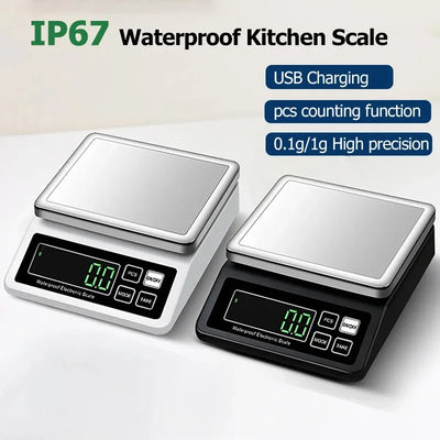 Rechargeable Kitchen Scale IP67 Fully Waterproof Home Kitchen Scale 0.1g/1g High Precision Electronic Balance 3kg/5kg/10kg/15kg by Smarsty