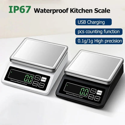 Rechargeable Kitchen Scale IP67 Fully Waterproof Home Kitchen Scale 0.1g/1g High Precision Electronic Balance 3kg/5kg/10kg/15kg