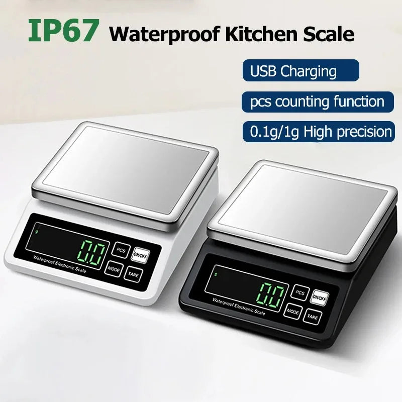 Rechargeable Kitchen Scale IP67 Fully Waterproof Home Kitchen Scale 0.1g/1g High Precision Electronic Balance 3kg/5kg/10kg/15kg