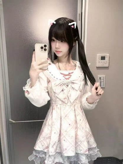 Japanese Sweet Cute Slim Dress Women Kawaii Chic Print Bow Thin Long Sleeve Dresses Female Design Pretty Lovely New Clothing - Smarsty