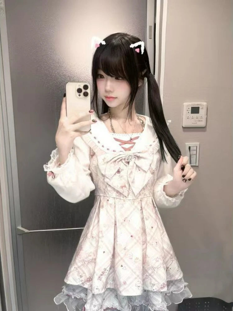 Japanese Sweet Cute Slim Dress Women Kawaii Chic Print Bow Thin Long Sleeve Dresses Female Design Pretty Lovely New Clothing - Smarsty