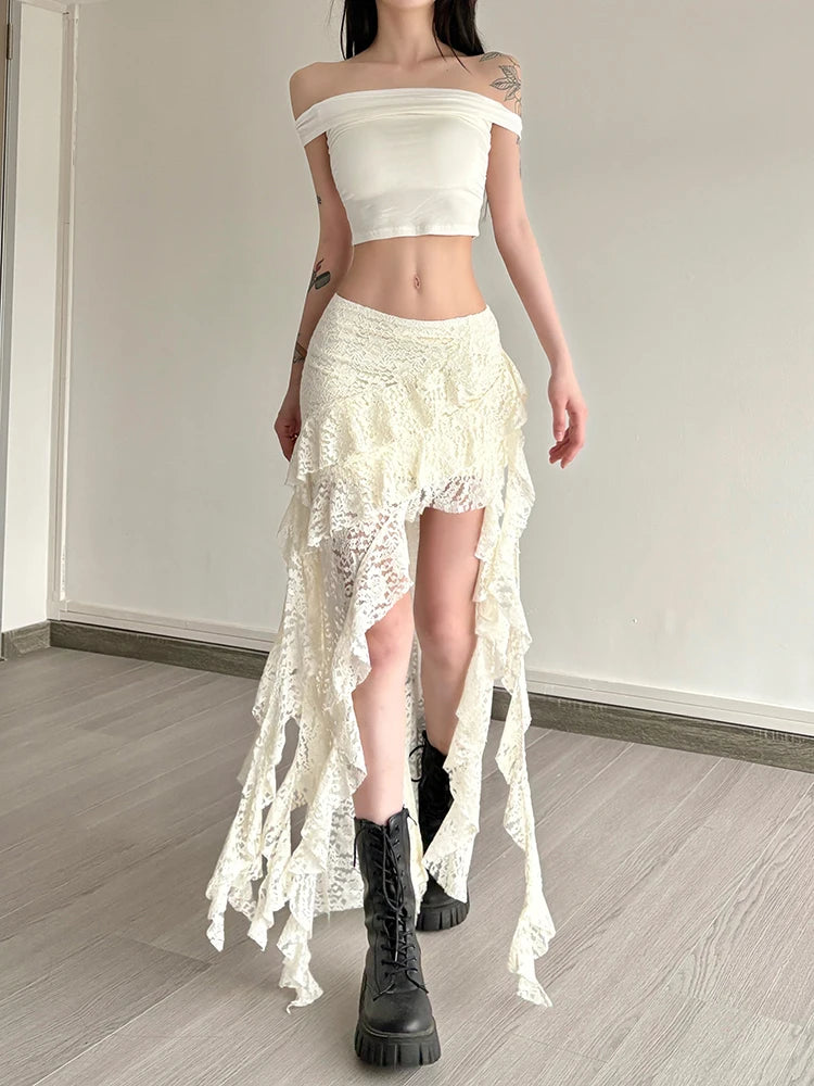 Nibber Tassels Women Skirts Irregular Hem Multi-Layered Ruffles Lace Patchwork Sweet Summer Trend Daily Skinny Versatile Bottoms - Smarsty