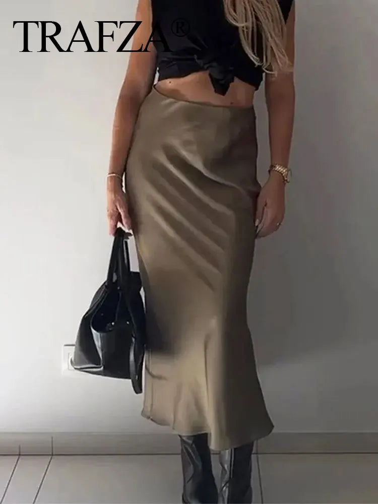 TRAFZA 2024 Y2K Casual Women Long Skirt Spring Elastic High Waisted A-Line Casual Female Satin Skirts High Street Lady Skirts - Smarsty