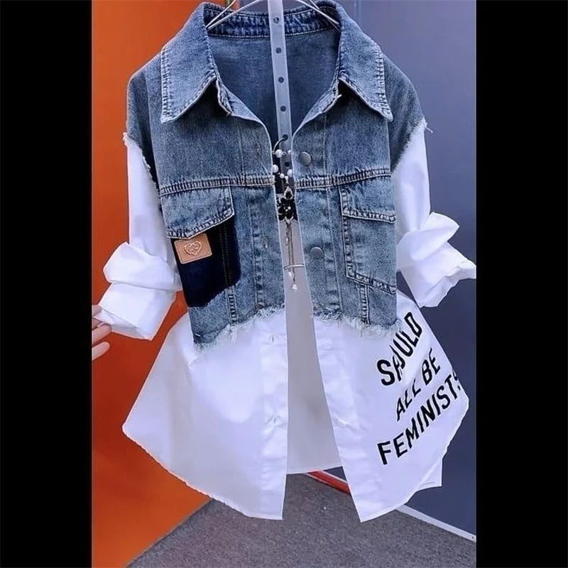 New Splicing Denim Jacket Women Spring Autumn Korean Fashion Denim Shirt Ladies Tops Casual Jean Coat Female Windbreaker - Smarsty