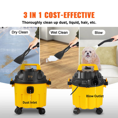SucceBuy Wet Dry Vac 2.6 Gallon 2.5 Peak HP 3 in 1 Portable Shop Vacuum with Blowing Function  Attachment Storage for Floor - Smarsty