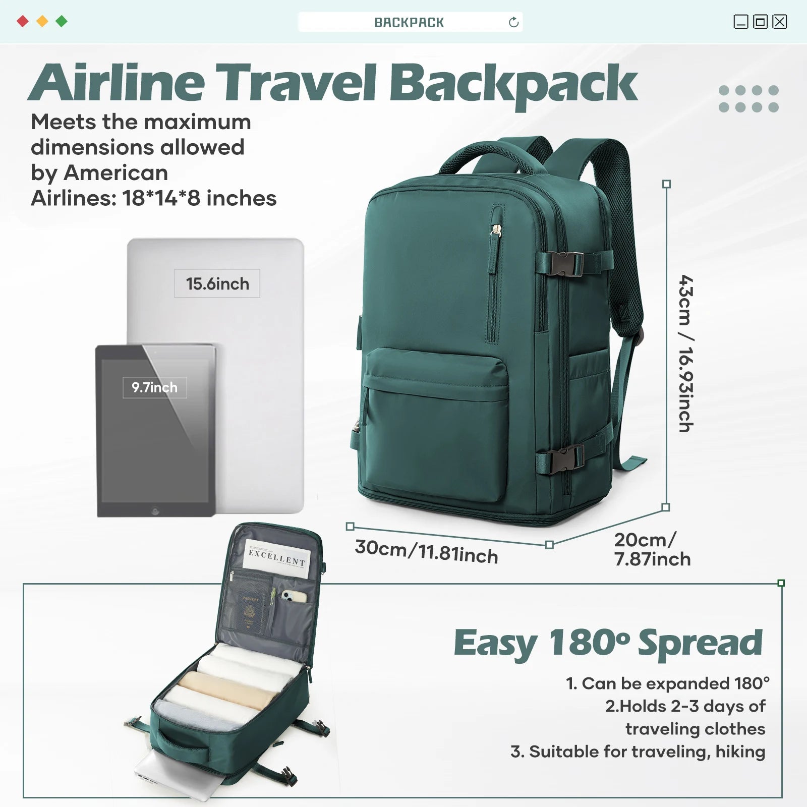 Backpack 40x30x20 Airplane, Ryanair Cabin Hand Luggage Backpack, Easyjet Laptop Backpack for Aeroplane Travel, School Backpack