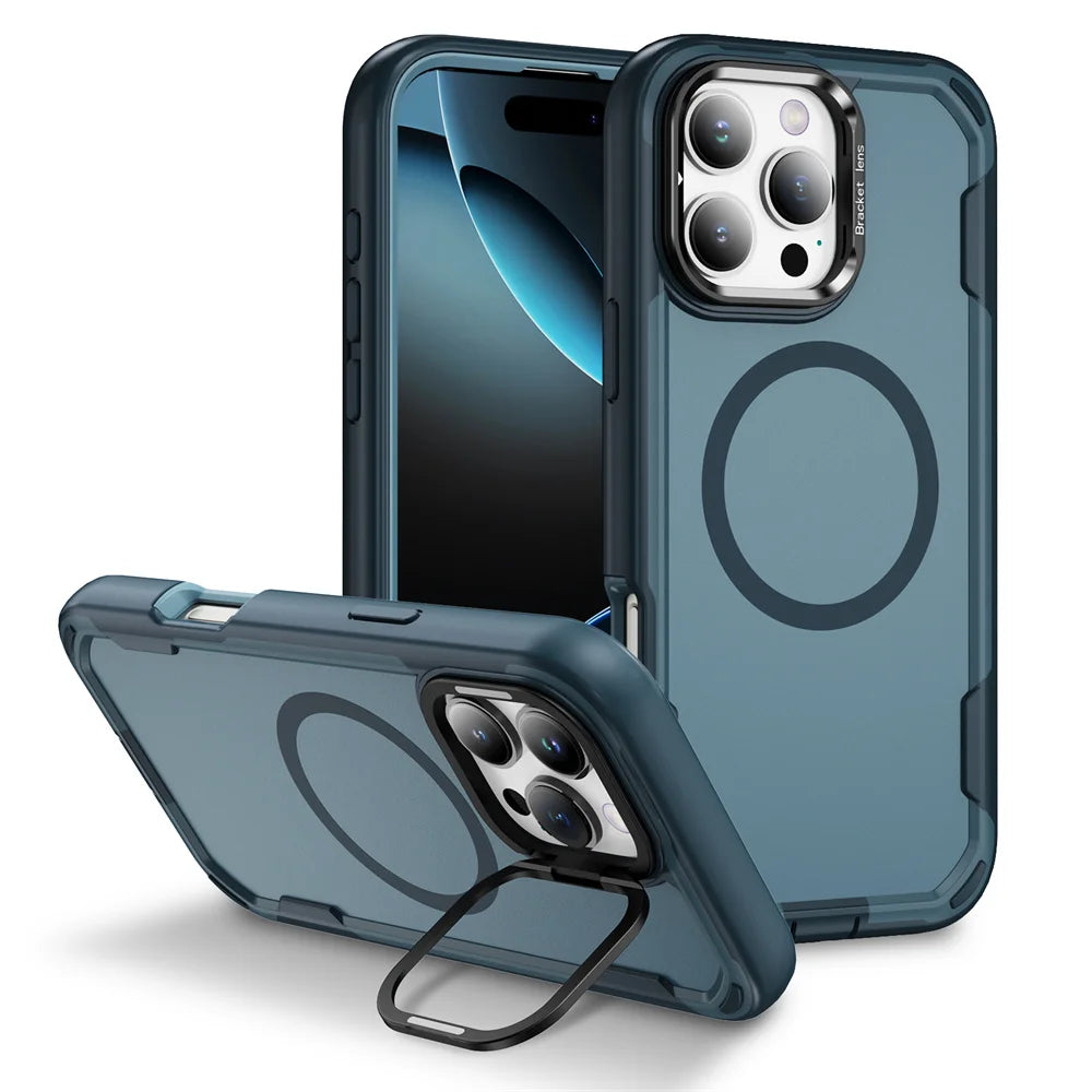 For Magsafe Dual Armor Bumper Lens Stand Phone Case For iPhone 17 16 15 14 Plus 13 12 Pro Max 11 Shockproof Protective Cover