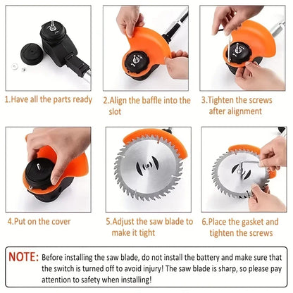 Wireless portable weed trimmer for lawn trimming. The trimmer is equipped with 2 lithium batteries and comes with replaceable bl