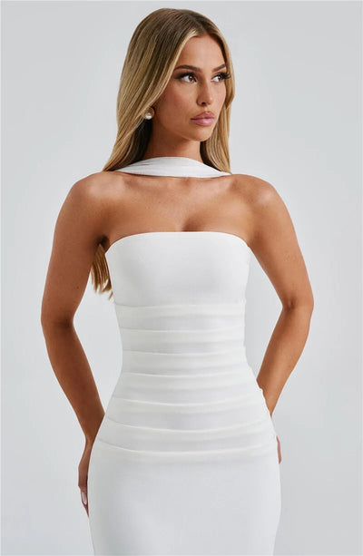 Mozision Scarf Collar Strapless Sexy Maxi Dress For Women Fashion Off-shoulder Backless Bodycon Club Party Long Dress Elegant - Smarsty