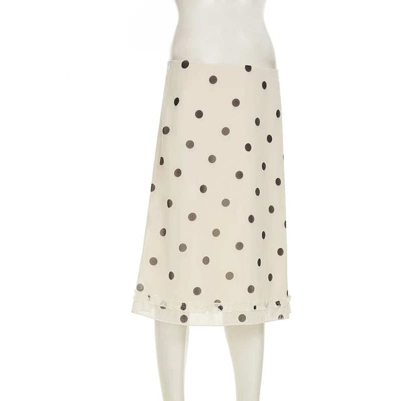 BIIKPIIK Casual Women Polka Dot Skirts Lettuce Trim Beige Elegant Midi Skirts Streetwear Simple All-match Bottom Clothing Spring - Smarsty