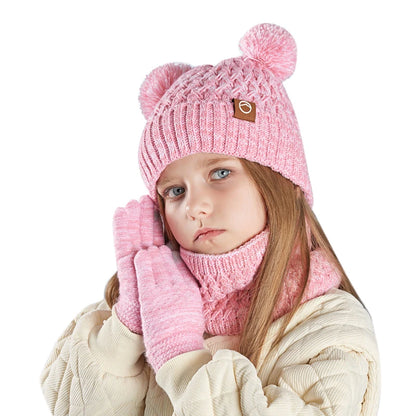 Winter Kids Hat Set Warm Beanie Scarf Gloves Pompom Fleece - Smarsty