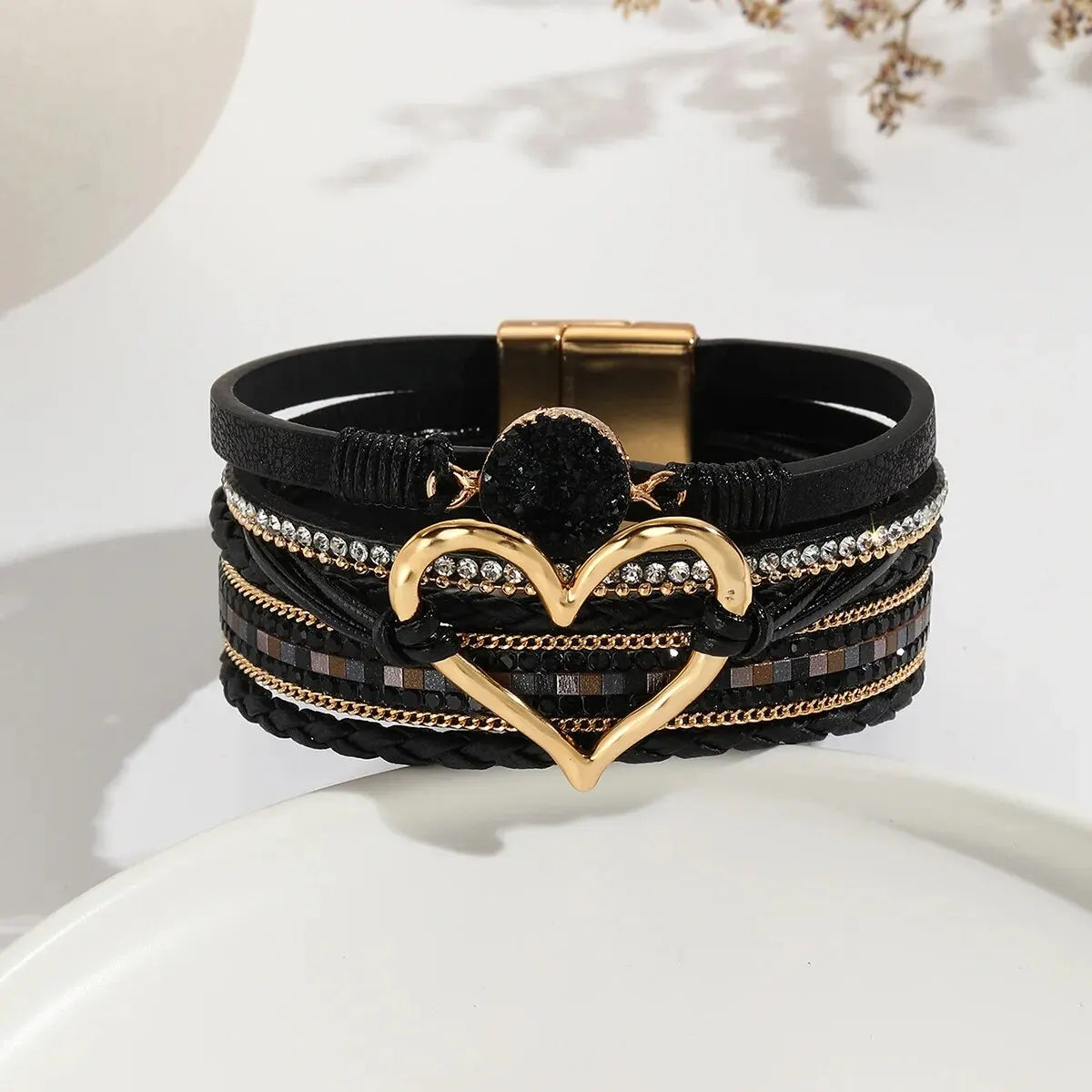 Women Leather Heart Charm Bracelet Rhinestone Wrap - Smarsty