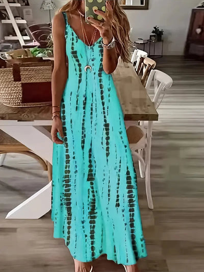 Women's Casual Loose V-neck Tie Dye Printed Spaghetti Maxi Dress Summer Beach Vacation Long Dress - Smarsty