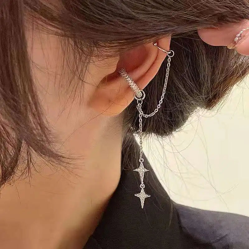 Shiny Silver Crystal Tassel Non-Piercing Ear Clip Earrings - Smarsty