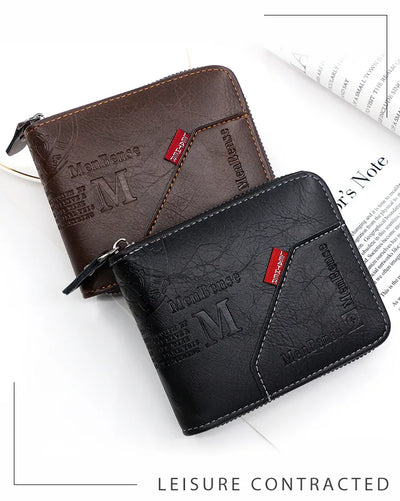 New Men Zipper Wallets Short Card Holder Vintage Male Wallet High Quality PU Leather Classic Coin Pocket Wallet For Boys - Smarsty