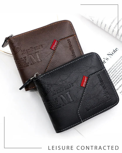 New Men Zipper Wallets Short Card Holder Vintage Male Wallet High Quality PU Leather Classic Coin Pocket Wallet For Boys - Smarsty