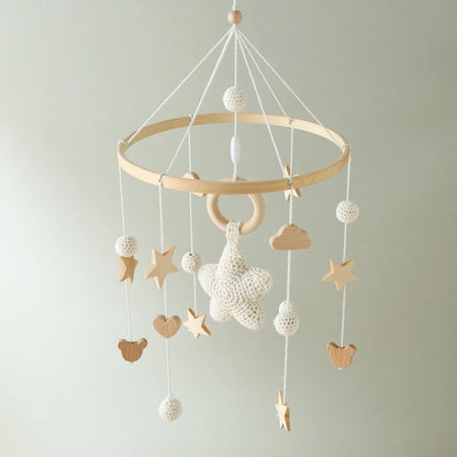 Baby Crib Mobile Bed Bell Rattle Toys Wooden Crochet Stars Pendant Bed Bell Toys Newborn Comfort Crib Bracket Hanging Toys Gifts
