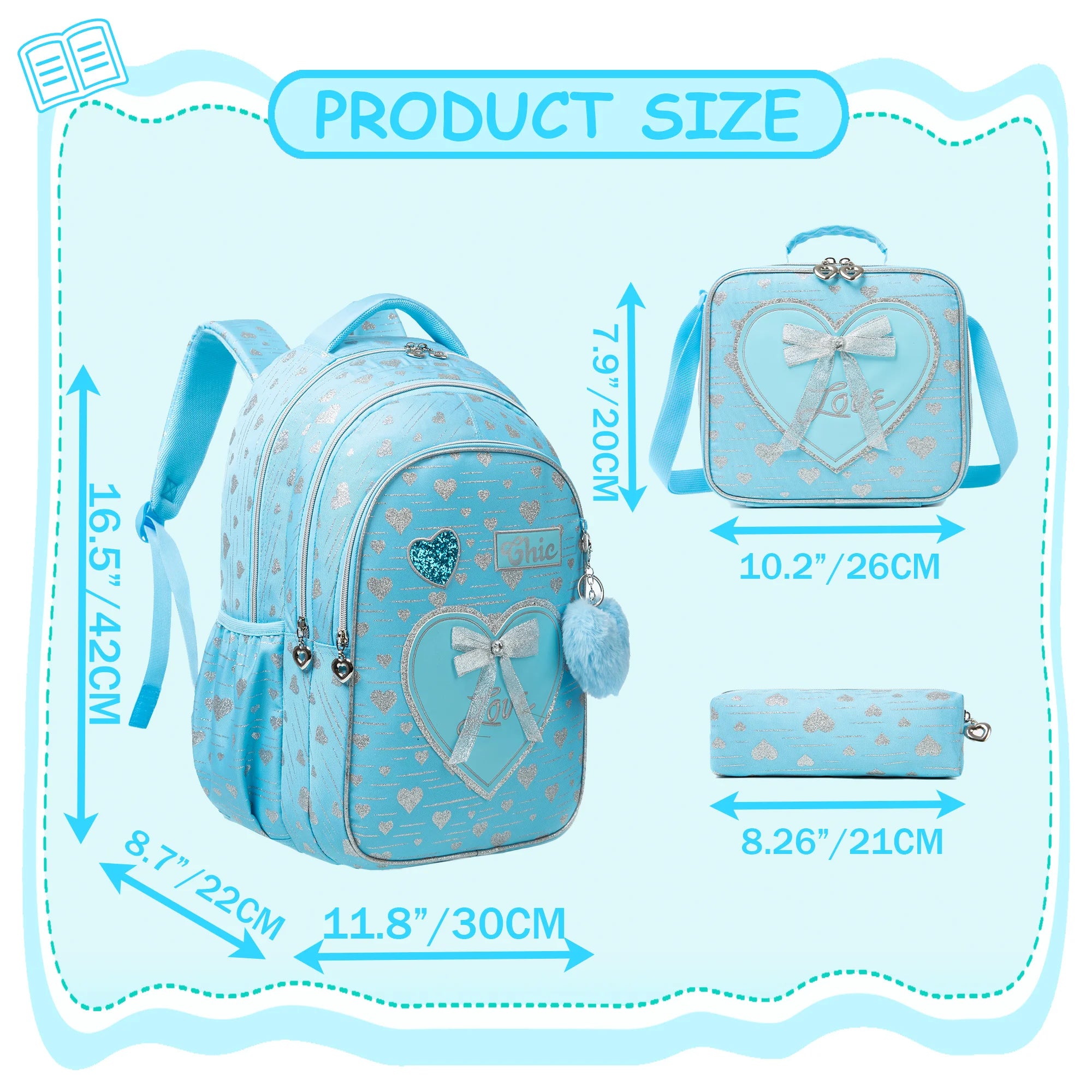 Girls Backpack With Bowknot Ribbon And Lunch Bag Pen Case - Smarsty