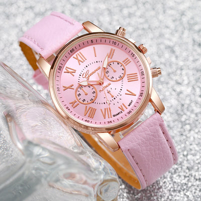 5/6PCS Fashion Women's Quartz Watch Leather Band Analog Wrist Watches Heart Rhinestone Jewelry Set(Without Box) - Smarsty