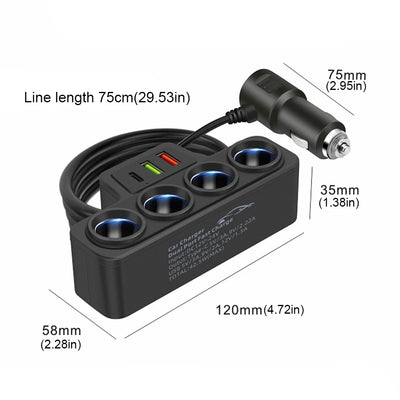 Fast Charger Plug QC3.0+PD 3.1A 12V-24V Phone Power Adapter 4-Socket 120W Car Cigarette Lighter Socket Splitter Plug 3 USB Ports