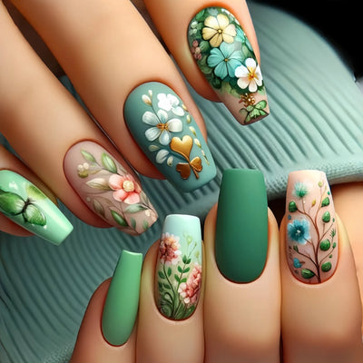 24 Piece Medium Long Fake Nails with Peach Flower Design - Smarsty